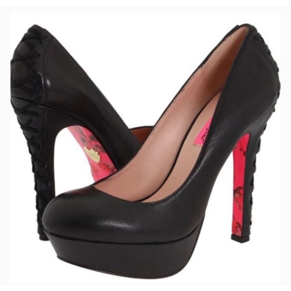 Betsey Johnson Dita Black Leather Vintage 2011 Corset Platform High Heel Pumps 7